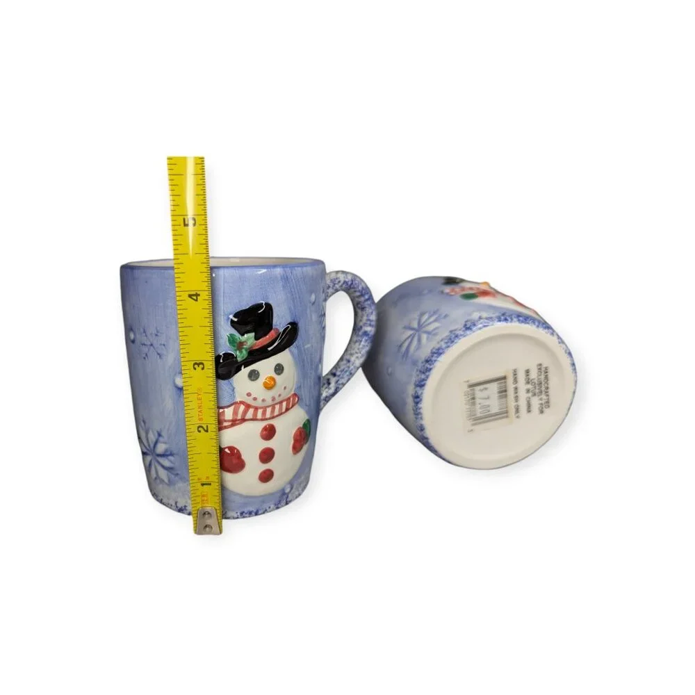 Vintage Lotus Pottery Handpainted Blue 3D Snowman Ceramic Mugs 1998 Set of 2